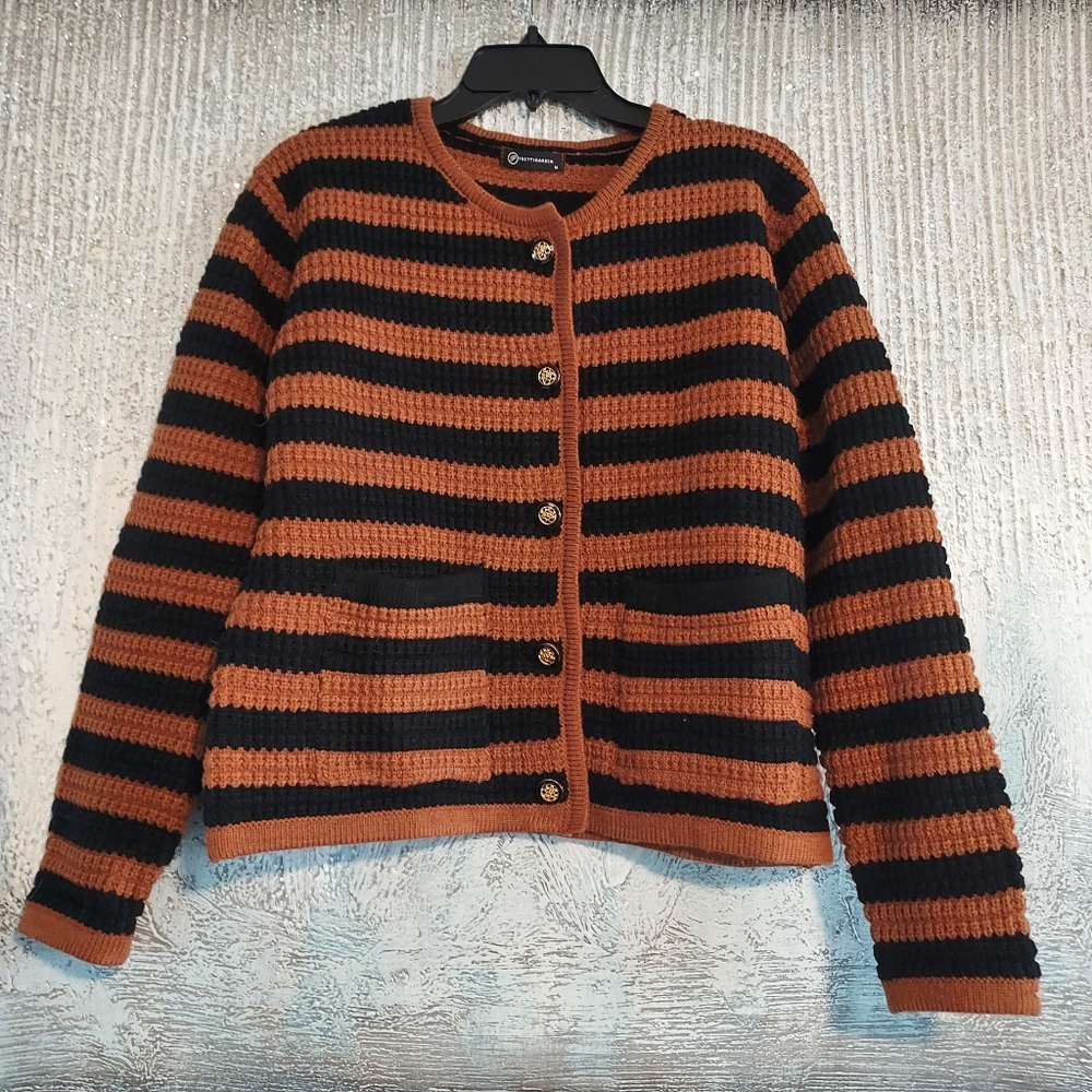 Striped Black and Brown Ribbed Knit Cardigan Sweater Sz-M